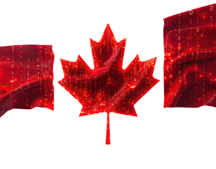 A digitalized flag of a nation, with maple leaf, and code-like patterns in shades of red and black