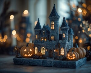 Haunted halloween castle with glowing pumpkins, spooky holiday decor