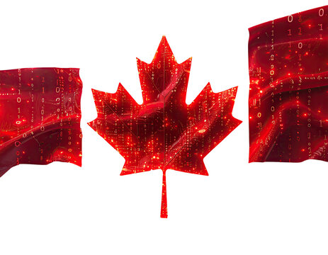 A digitalized flag of a nation, with maple leaf, and code-like patterns in shades of red and black