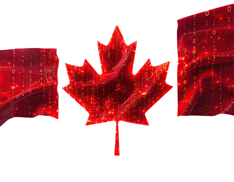 A digitalized flag of a nation, with maple leaf, and code-like patterns in shades of red and black