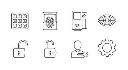 Collection of eight digital security and privacy icons representing technology concepts for data protection and access control vector