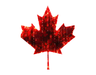 A digitally rendered Canadian maple leaf with a red glow and a binary code effect