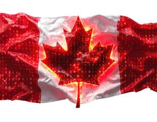 Canadian flag with a glowing maple leaf center filled with binary code on a dark background