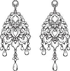 Ornate Chandelier Earrings Vector Line Art: Detailed Jewelry Accessory Illustration