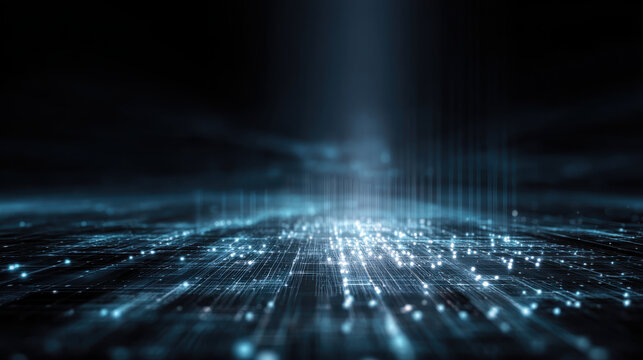 Futuristic digital landscape with glowing grid and light particles, evoking sense of advanced technology