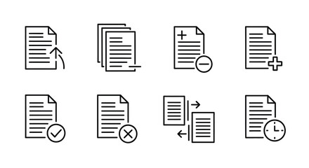 Set of document icons representing file management and data operations with clean line art style vector