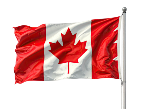 A vibrant Canadian flag billows freely in the wind, with a red maple leaf on a white field