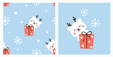 Cute polar bear with antler headband popping from a polka-dot gift on icy blue, simple snowflakes, seamless pattern and single graphic for kids fabric, wrapping, stickers and holiday decor.