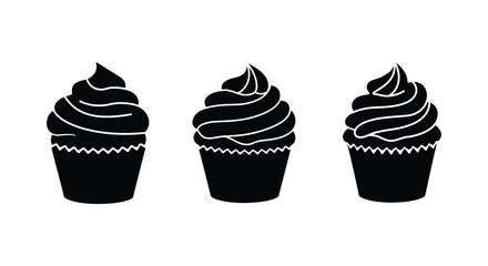 Three silhouetted cupcakes with swirled frosting isolated on a for festive baking concepts silhouette
