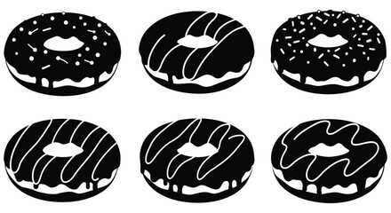 Set of six delicious chocolate frosted doughnuts with white icing drizzles and sprinkles isolated on white silhouette