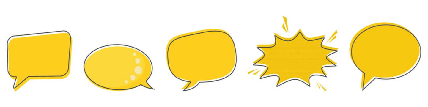 Set of yellow comic speech bubbles with bold outlines on transparent background, message and chat element for social media discussion and communication design.
