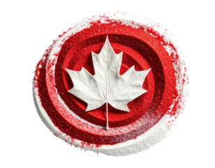 A white maple leaf is centered on red concentric rings resembling a target or badge on black