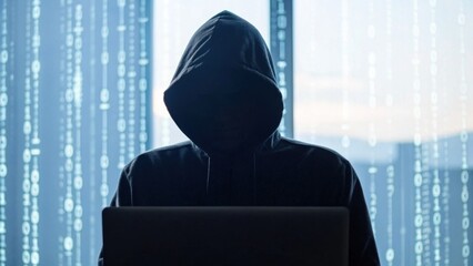 A silhouette of a hooded figure working on a laptop, surrounded by digital binary code, evoking themes of mystery and cybersecurity.