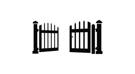 Open black silhouette of traditional wooden garden gate with decorative posts and spindles symbolizing entrance and opportunity silhouette