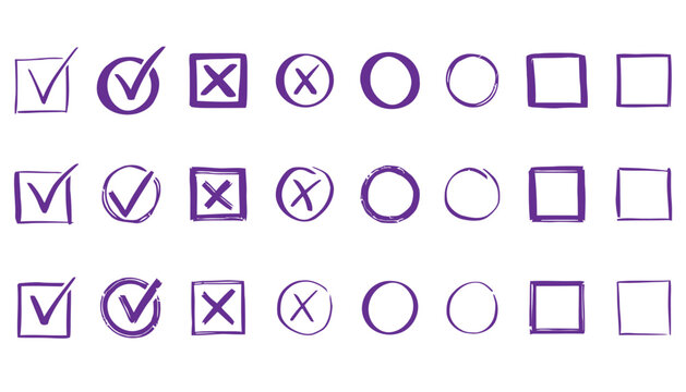 Stylish purple checklist icons vector illustration, Tick icon set. hand drow check mark icon set in purple color.