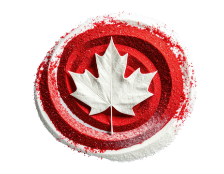 A white maple leaf is centered on red concentric rings resembling a target or badge on black