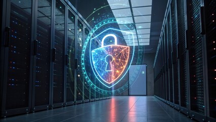 A futuristic data center with server racks, featuring a digital padlock symbolizing cybersecurity and data protection.