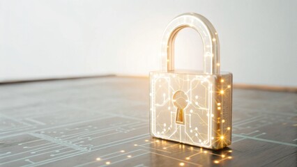 A glowing, modern padlock sits on a circuit-patterned floor, symbolizing digital security and technology.