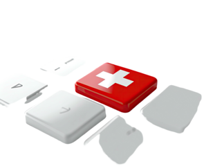 Graphic showcasing a red, glossy square with a white cross, surrounded by detached keyboard keys