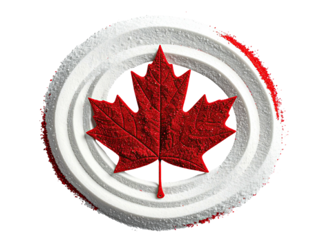 Central red maple leaf within a white, spiral design on black backdrop with red accents