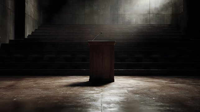 Empty wooden podium with microphone in a darkened auditorium with tiered seating and dramatic light beams