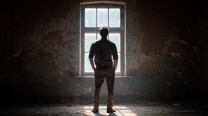 Dramatic light streams through a grimy window, illuminating dust and a solitary person in a derelict, forgotten urban space.