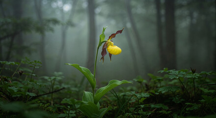 Yellow and maroon lady slipper orchid blooming in misty forest flower