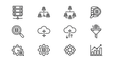 Set of modern data management and cloud technology icons for digital applications and services vector