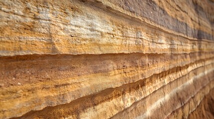Close up of layered sedimentary rock shows detailed texture and varying colors of earth tones outdoors.