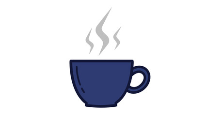 A dark blue cup with steam rising from it, indicating a hot beverage.