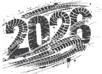 Obraz premium A bold, grungy graphic featuring tire tracks weaving through the year 2022. Energetic, black-and-white design with motion and texture, suitable for branding
