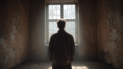 Contemplative individual exploring a dilapidated building, captured with moody, cinematic lighting and a vintage aesthetic.
