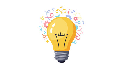 Light bulb with colorful abstract shapes on white background.