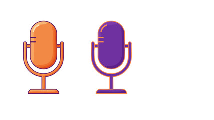 Two retro microphones, one orange and one purple, stand side-by-side on white background.