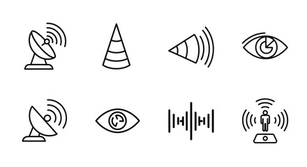 Hand drawn icons representing communication radar signals vision sound waves and a traffic cone vector © Nur