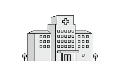 Illustration of a hospital building with a cross on top, in black and white.