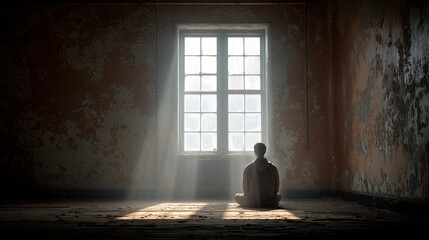 A lone figure stands silhouetted against a sunlit window in a decaying abandoned room, evoking a sense of introspection and mystery.