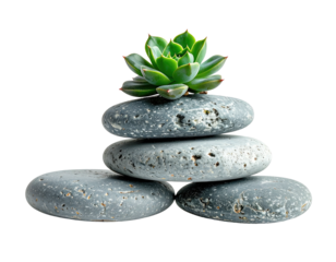 Stacked gray stones with a succulent atop against a black background