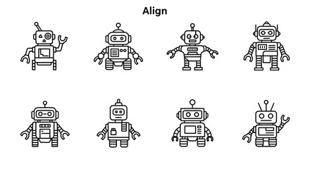 Fototapeta premium Collection of diverse hand-drawn retro robot characters in outline style for creative projects vector