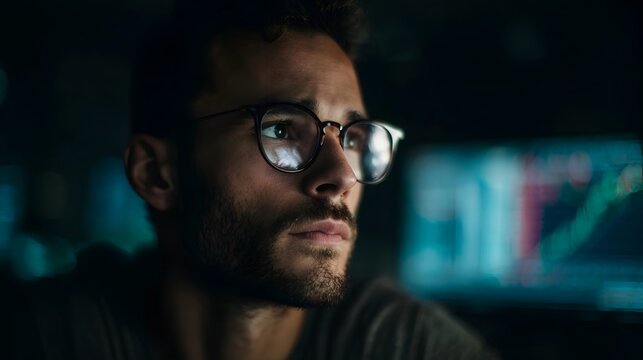 A man wearing glasses intensely studies financial data on computer screens in a dark room - Powered by Adobe