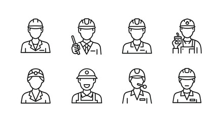 Collection of hand drawn construction worker avatars with helmets and tools icons vector