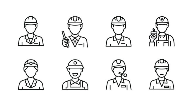 Collection of hand drawn construction worker avatars with helmets and tools icons vector