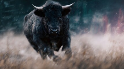 Fototapeta premium Powerful black bull charges forward with intense energy through a dry dusty field