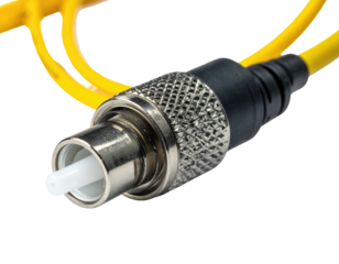 Macro view shows a fiber optic connector attached to a bright yellow cable against a black background