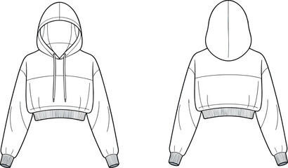 Cad drawing flat vector illustration, cropped hoodie fashion sketch, garment construction template, apparel design blueprint, clothing pattern front back view