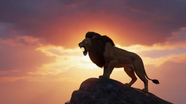 Lion roaring on a rock against a sunset sky with orange and purple hues dominating the background lion video