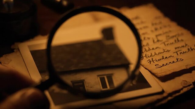 Person investigating old photos and secret notes with magnifying glass, detective concept, criminal investigation footage