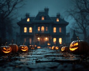 Haunted Halloween mansion scene with creepy house and glowing pumpkins