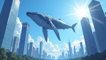 Blue whale in surreal dreamscape above city