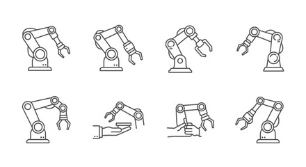 Set of robotic arms in various industrial manufacturing and automation poses detailed line drawings vector